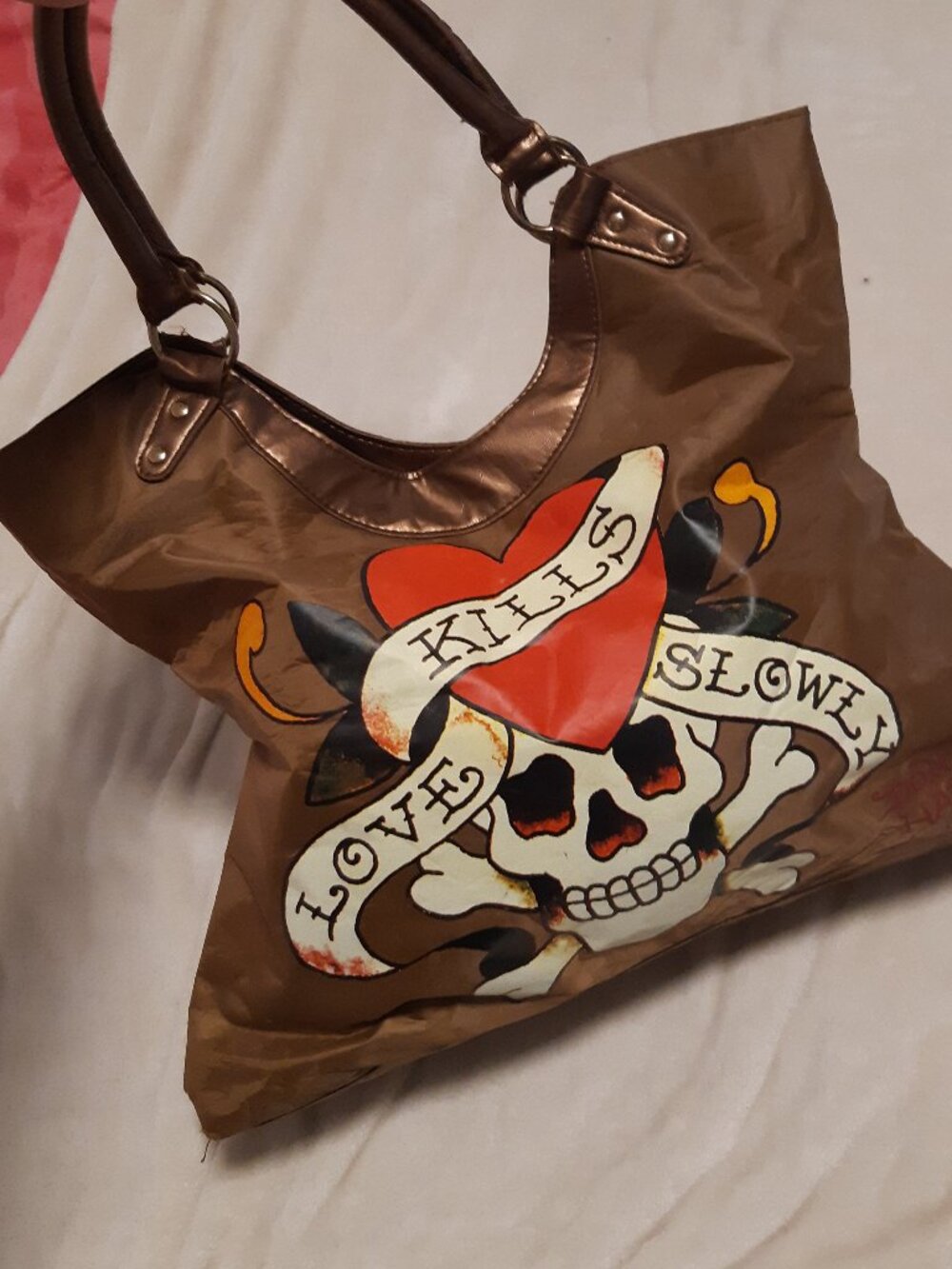 Authentic Ed Hardy Tote Bag Metallic Bronze Y2K Vintage Love Kills Slowly Skull